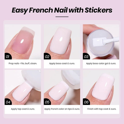Steps for using French Tip Gel Polish Peach Mousse 15ml Kit with French Tip Stamp, HEMA-Free White and Light Pink Gels for DIY.