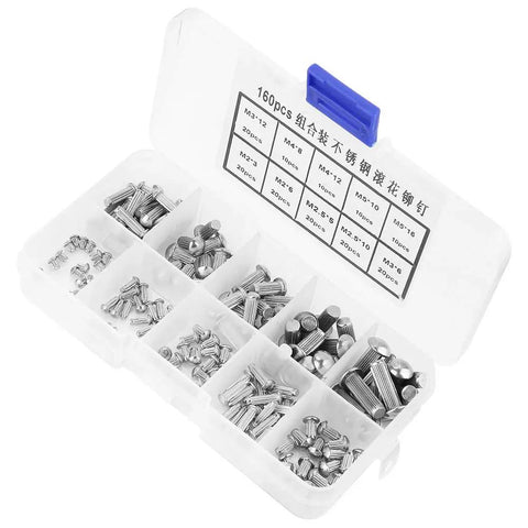 Heavy Duty Stainless Steel Rivet Kit 160 Piece Assorted Round Knurled Fasteners in storage box for automotive and workshop upgrades.