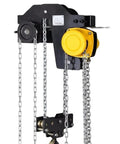 Portable 3 Ton Mini Chain Hoist Built With Slick Gears And Kickass Steel Chains For Tight Low Headroom Shops, showing black body and yellow pulley.