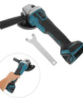 Cordless Angle Grinder Kit With High Speed Metal Cutting And Polishing Rechargeable Battery Lightweight Plastic Construction Pro Grade Tool For Metalwork And Finishing Projects, with handle and wrench