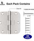 Brushed Nickel Door Hinges 30 Pack For Interior Doors, three and a half inch hinges with 210 screws, AmzGod branding shown