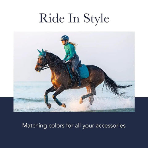Rider on horse with Anti Slip Dressage Saddle Pad With Soft Shell For Saddle Stability And Grip Breathable Wither Cut in navy