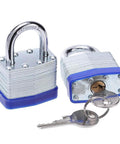 Laminated Steel Padlock Set, One And Nine Sixteenths Inch Wide Body, Short Shackle, Two Pack Keyed Alike Locks with keys, front view.