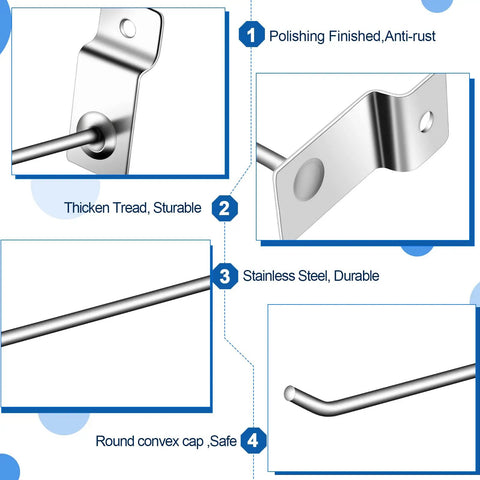 Close-up of 100 Pack Slatwall Hooks 6 And 8 Inch Silver Metal Pegs, showcasing polishing finish, stainless steel durability, and round ends.