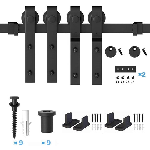 Heavy Duty Sliding Barn Door Rail Beefy Hardware Kit For Double Doors Monorail Track System Smooth Quiet Operation Carbon Steel Construction Supports Up To 150kg No Door Included Bypass Style, showing hardware components.