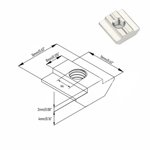 Technical drawing and photo of M6 Sliding T Nuts For 3030 Series European Standard T Slot Aluminum Extrusion 20 Pack Nickel Plated Carbon Steel