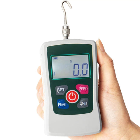 Hand holding Digital Force Gauge 500N With Four Units N Lb Kg Oz, Three Modes, 0.1N 0.01kg 0.1lb 1oz Resolution, Accuracy Plus Or Minus One Percent