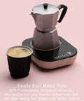 Keep Your Daily Joe Running Warm 240W Electric Coffee Mug Warmer With Seven Temp Settings Auto Shutoff Smart Desk Heater For Brew Tea Or Wax Melts In Sleek Black Walnut Design with Moka pot and coffee cup
