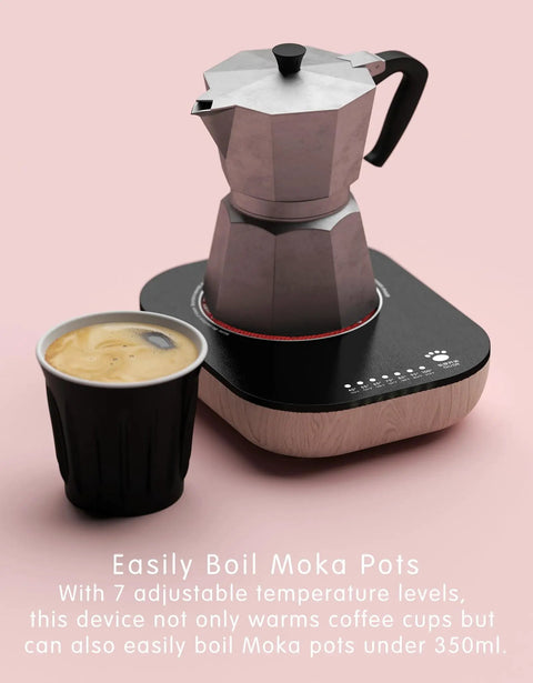 Keep Your Daily Joe Running Warm 240W Electric Coffee Mug Warmer With Seven Temp Settings Auto Shutoff Smart Desk Heater For Brew Tea Or Wax Melts In Sleek Black Walnut Design with Moka pot and coffee cup