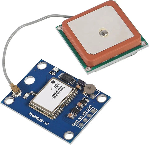 Neo 6M GPS Module Twin Pack with 3-5V power showing ceramic antenna and RS232 TTL interface, suitable for APM 25 and MWC