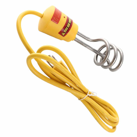 Fast As Lightning 1500W Immersion Water Heater Stainless Steel Portable Electric Kettle with yellow cord and heating element.