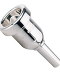 HeavyTop Trombone Mouthpiece Silver Plated 6880-0AL For A Bold Punchy Tone With Crystal Clarity And Tight Control, Heavy Mass Design Built For Studio Or Stage Performance. silver-plated brass trombone mouthpiece, angled view