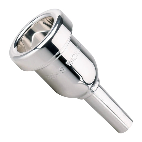 HeavyTop Trombone Mouthpiece Silver Plated 6880-0AL For A Bold Punchy Tone With Crystal Clarity And Tight Control, Heavy Mass Design Built For Studio Or Stage Performance. silver-plated brass trombone mouthpiece, angled view