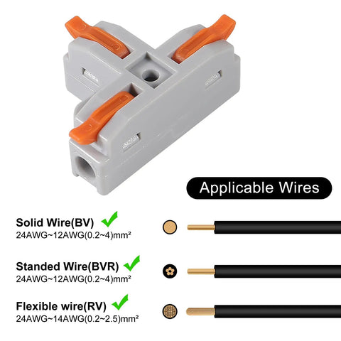 10 Pack T Shape Lever Nut Wire Connector Set For Quick 3 Way Splitter 28-12 AWG showcasing compatible wire types.