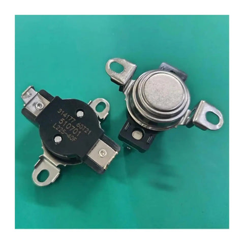 Heavy Duty Dryer High Limit Thermostat D510701 L225-40F For Safe Fast Drying With Precise Thermal Cutoff That Kicks In When Temps Go Too High Keeping Your Dryer From Overheating During Big Loads. black and silver dryer thermostat with metal terminals
