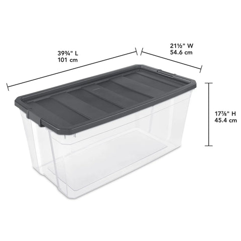 200 Quart Clear Plastic Modular Stacker Storage Bin Tote With Latching Lid Clear Base And Textured Sure Grip Surface In Flat Grey