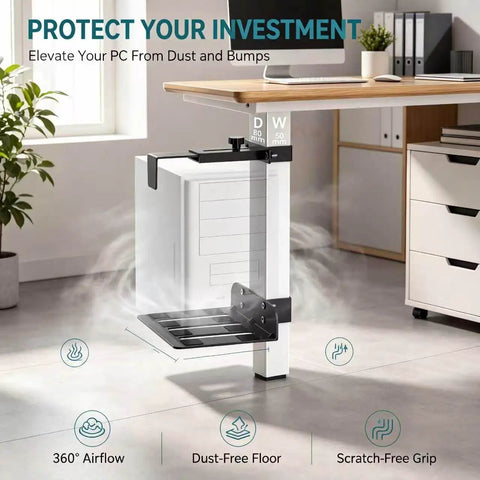 No Drill Necessary Heavy Duty Under Desk PC Mount Rock Solid CPU Holder For Standing Desk Electric Workstation securing a PC tower.