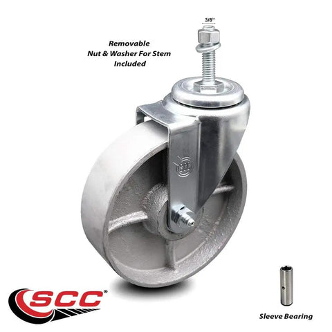 Built Tough Swivel Caster With Threaded Stem, Semi Steel Cast Iron Wheel, 5 Inch Diameter By 1.25 Inch Wide, 3 Eighth Inch Stem