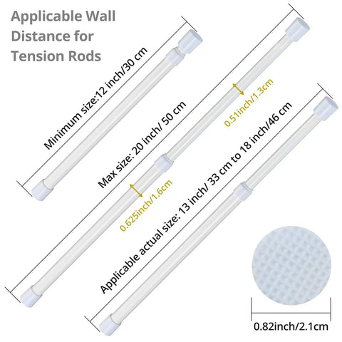 Diagram showing dimensions of Two Pack Small Tension Rods 12 To 20 Inch Adjustable Spring Curtain Rods for narrow spaces.