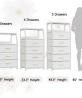 Comparison of 3, 4, and 5 drawer white dressers with wood top, steel frame, heights shown, silhouette indicating size. Vertical fabric storage towers.