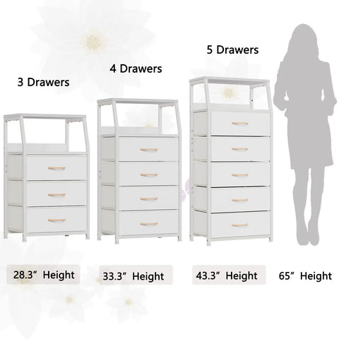 Comparison of 3, 4, and 5 drawer white dressers with wood top, steel frame, heights shown, silhouette indicating size. Vertical fabric storage towers.