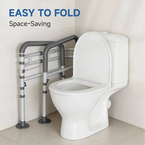 Premium Heavy Duty Steel Toilet Safety Rail For Seniors Bulletproof Bathroom Support Bar with easy folding feature next to a toilet.