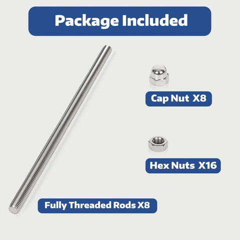 Heavy Duty 304 Stainless Steel M6 Threaded Rods Set, 8 Pieces, 14 Inch 360mm Long, Fully Threaded With 8 Cap Nuts And 16 Hex Nuts, Rustproof High Strength For DIY Projects And Framing: package included