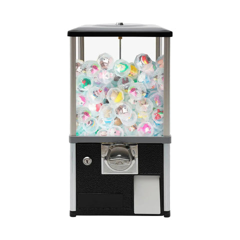 Kickass Heavy Duty Coin Vending Machine For Big Capsules, clear display filled with colorful capsule toys.