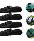 16 Piece Lawn Aerator Shoes With Adjustable Straps Garden Spikes For Deep Soil Penetration And Healthier Lawn Easy To Use Fits All Shoes With Durable Construction For Long Lasting Performance And Fits Most Shoe Styles Yard Work Made Easy showing four black straps and aerator spikes with a shoe demonstration.