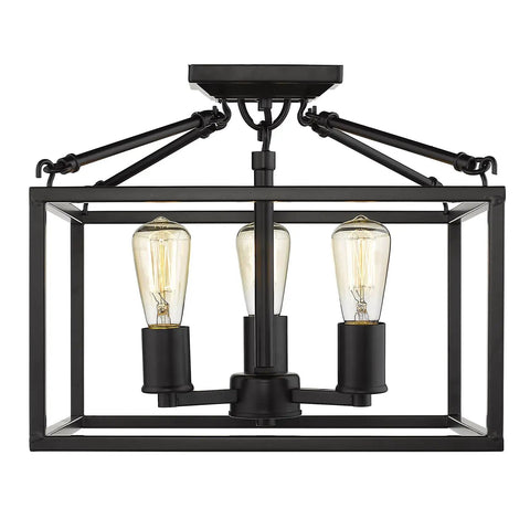 Wesson Semi-Flush Mount Light In Black With Open Geometric Square-Tube Cage, Exposed Sockets, Sturdy Steel Construction, Ideal For Hallways And Foyers, UL Listed, Easy Install
