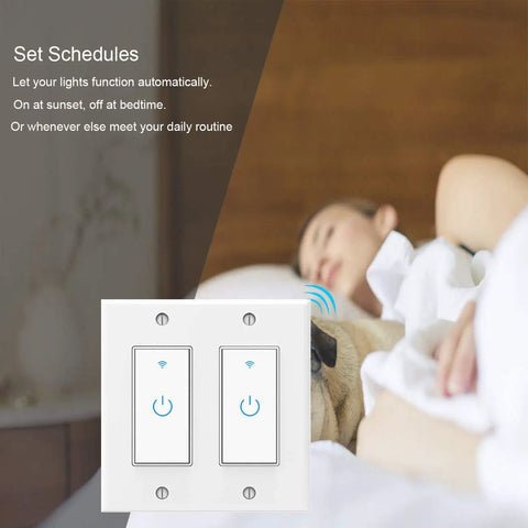 2 Gang Touch WiFi Light Smart Switch For Walls Compatible With Alexa Google Assistant And IFTTT 2 4G Network Neutral Wire Required Replacement For Single Pole Not A Dimmer Includes Two Switch Modules And Wall Plate next to a sleeping person and dog
