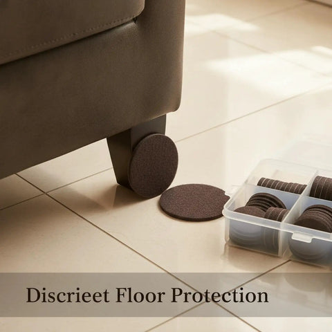 Round Furniture Felt Pads Self Adhesive Brown Floor Protectors under couch leg on tile floor with storage box visible.