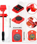 Heavy Duty Furniture Lift Mover Tool Set With Adjustable Height Lever And Four Wheel Dolly Sliders For Moving Heavy Furniture And Appliances, Durable Steel Construction, Red Finish, Back Saver, One Set, shown with dimensions and features.