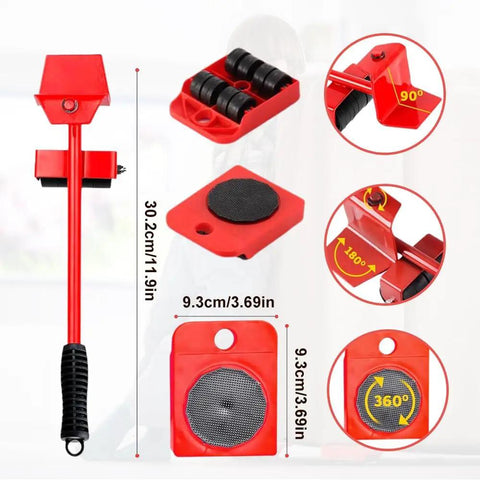 Heavy Duty Furniture Lift Mover Tool Set With Adjustable Height Lever And Four Wheel Dolly Sliders For Moving Heavy Furniture And Appliances, Durable Steel Construction, Red Finish, Back Saver, One Set, shown with dimensions and features.