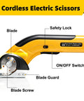 Upgraded Cordless Electric Box Cutter With Self Sharpening Blades And Safe Lock For Easy Cutting Cardboard, Leather, Plastic, showing blade, safety lock, and ON/OFF switch.