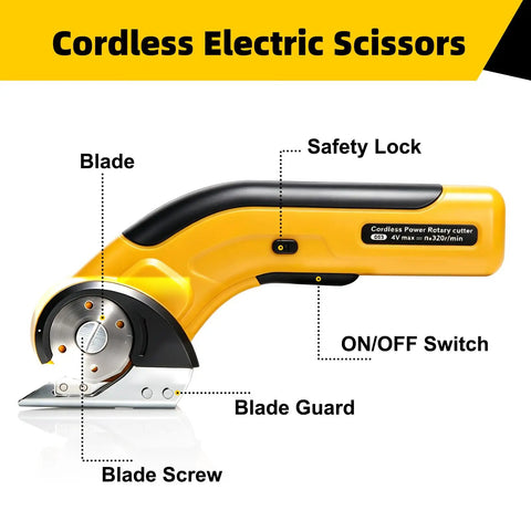 Upgraded Cordless Electric Box Cutter With Self Sharpening Blades And Safe Lock For Easy Cutting Cardboard, Leather, Plastic, showing blade, safety lock, and ON/OFF switch.