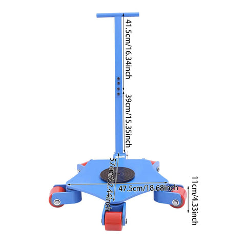 Heavy Duty Machine Skates For Moving Heavy Equipment With 360 Swivel Rollers And Steel Wheels, showing dimensions and design details.