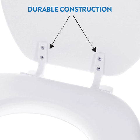 Back view of Soft Cushioned Desert White Toilet Seat With Plush Padding For Comfort, focusing on durable hinges, fits standard toilets.