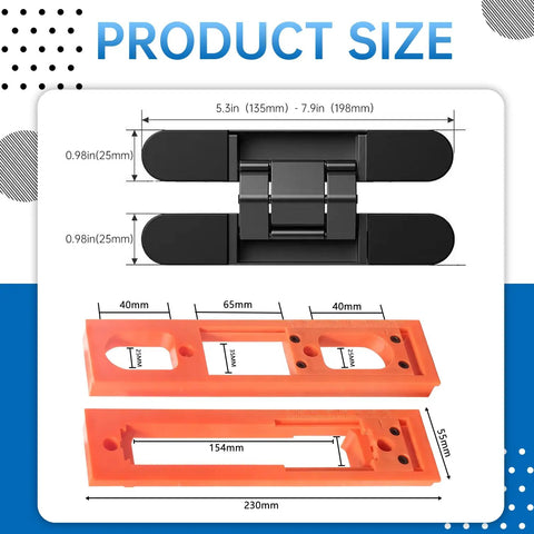 Universal Concealed Door Hinge Installation Kit With Guide Template Jig For Cabinets size dimensions shown, including measurements in inches and millimeters.