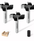 Three Piece CNC Spoilboard Surfacing Router Bit Set, Half Inch Shank, Two Inch Cutting Diameter, Four Flutes in packaging.