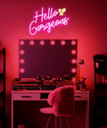 Pink LED Neon Sign Hello Gorgeous For Home Decor And Party Backdrops, Dimmable 5V Neon Light over vanity table