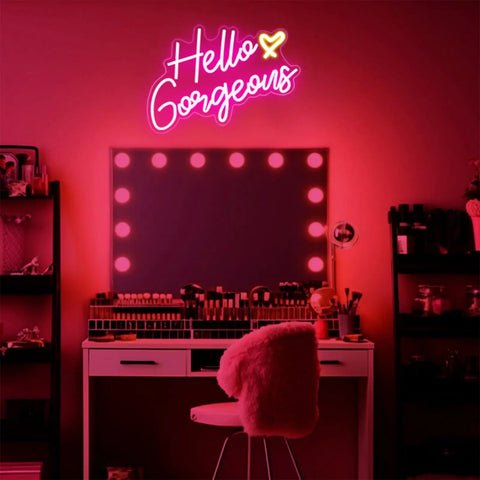 Pink LED Neon Sign Hello Gorgeous For Home Decor And Party Backdrops, Dimmable 5V Neon Light over vanity table