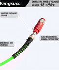 Boss Grade 1 4 Inch By 100 Feet Flex Air Compressor Hose Rated To 300 Psi With Easy Glide Bend Restrictor and Quick Connect fitting close-up.