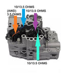 TR580 Lock-Up Solenoid Kit For Subaru CVT Crosstrek And Forester Includes Replacement Part Numbers TR690 31825AA050 31825AA051 31825AA052 31706AA030 31706AA0 Simple DIY Fix showing solenoid resistance locations