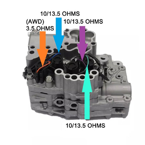 TR580 Lock-Up Solenoid Kit For Subaru CVT Crosstrek And Forester Includes Replacement Part Numbers TR690 31825AA050 31825AA051 31825AA052 31706AA030 31706AA0 Simple DIY Fix showing solenoid resistance locations