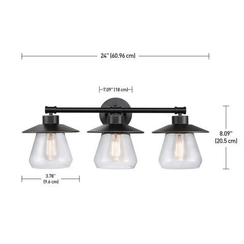Nate 5-Piece All-In-One Bathroom Set in Oil Rubbed Bronze featuring 3-light vanity with clear glass shades dimensions shown