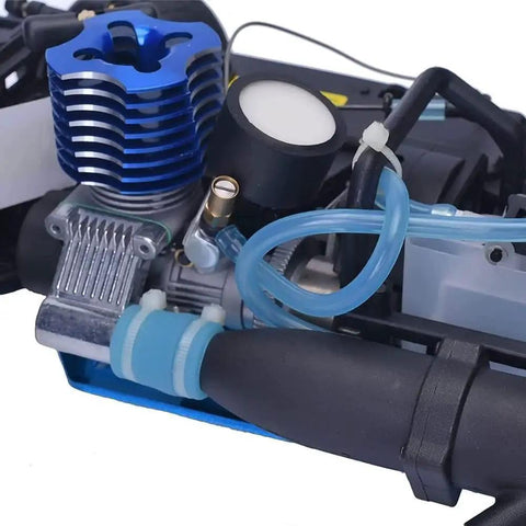 Close-up of engine and fuel lines of Nitro RC Car One Tenth Scale For Adults 4WD Drifter With Dual Speed Eighty Kmph Power