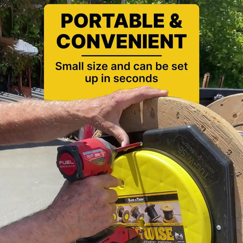 Tug Wise 1000 Lb Heavy Duty Wire Spool Dispenser with Lazy Susan Turntable in use, highlighting portability and convenience.