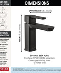 Modern Matte Black Bathroom Faucet For Vanity 1 Or 3 Hole Installation With Included Deck Plate Push Pop Drain No Fuss Install Water Saving Design Sleek Durable Finish with dimensions and installation options.