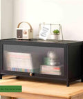 Sturdy Bamboo Desk Shelf Organizer with Hovering Plastic Door Display for Home Office and Kitchen Use, side view on desk.